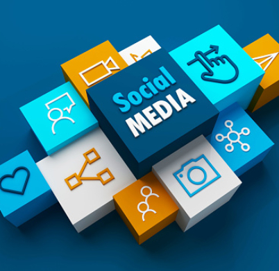 Perspective view of 3D render of SOCIAL MEDIA business concept with symbols on colorful cubes